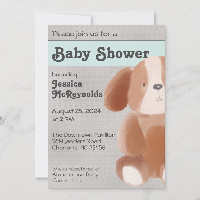 Invitación a Baby Shower de Sweet Toy Dog Gray y V (Anverso)