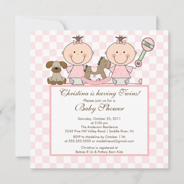 Invitación a Baby Shower de Sweet Twin Grils Twins (Anverso)
