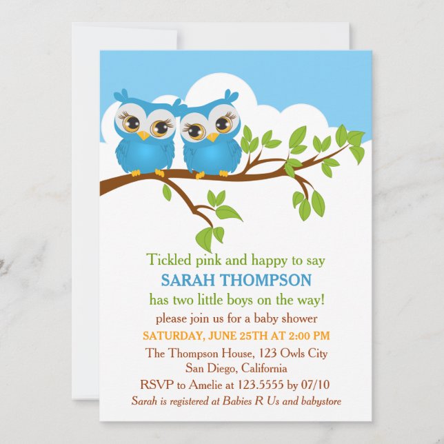 Invitación a Baby Shower de Sweet Twins Owls Boy (Anverso)