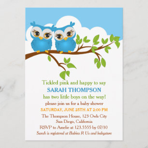 Invitación a Baby Shower de Sweet Twins Owls Boy