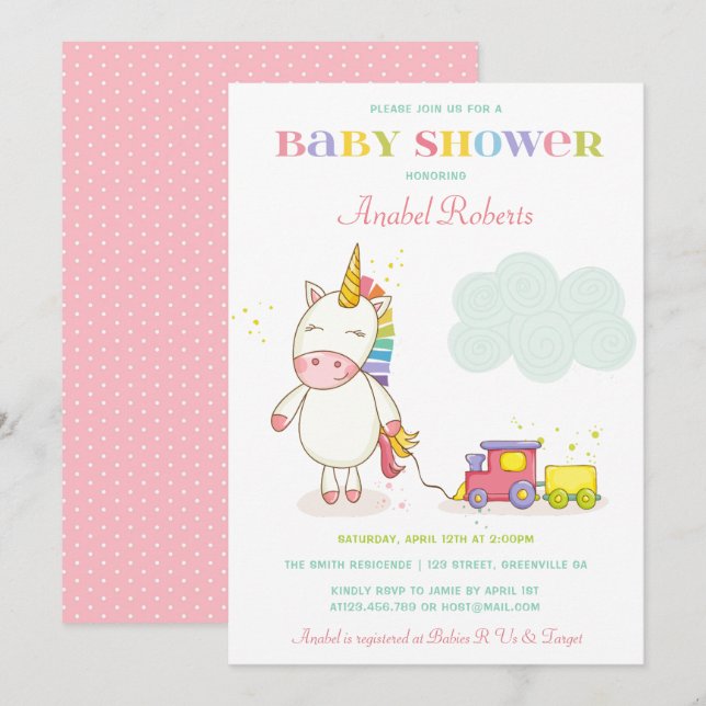 Invitación a Baby Shower de Sweet Unicorn (Anverso / Reverso)