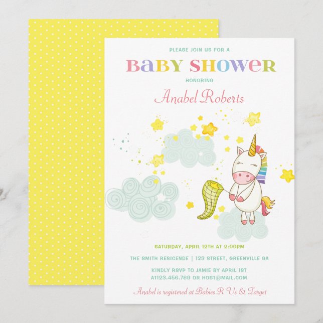 Invitación a Baby Shower de Sweet Unicorn (Anverso / Reverso)