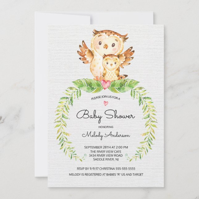 Invitación a Baby Shower de Sweet Woodland Owl (Anverso)