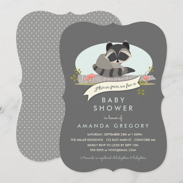 Invitación a Baby Shower de Sweet Woodland Raccoon (Anverso / Reverso)
