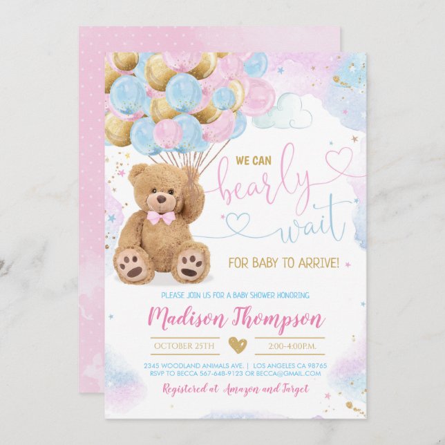 Invitación a Baby Shower de Teddy Bear (Anverso / Reverso)