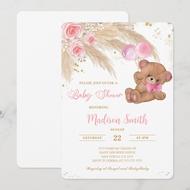 Invitación a Baby Shower de Teddy Bear (Anverso / Reverso)