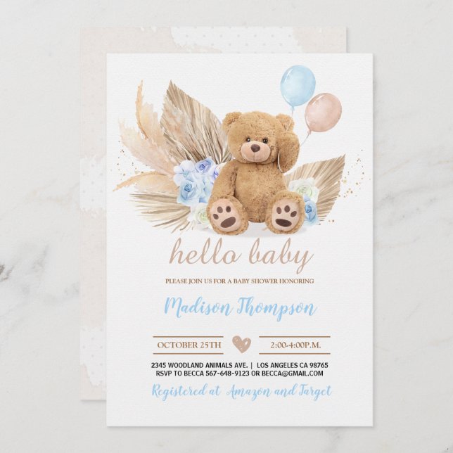 Invitación a Baby Shower de Teddy Bear (Anverso / Reverso)