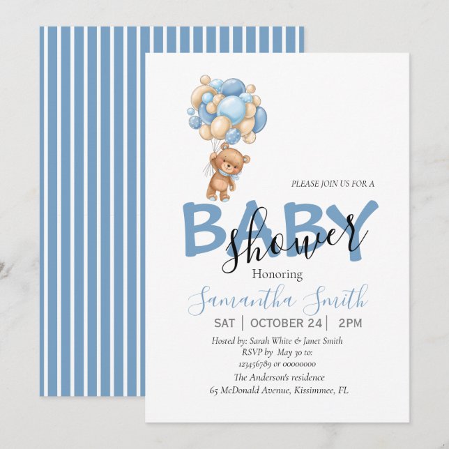Invitación a Baby Shower de Teddy Bear Balloons (Anverso / Reverso)