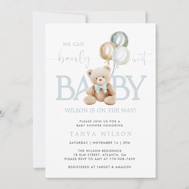 Invitación a Baby Shower de Teddy Bear Balloons Bo (Anverso)