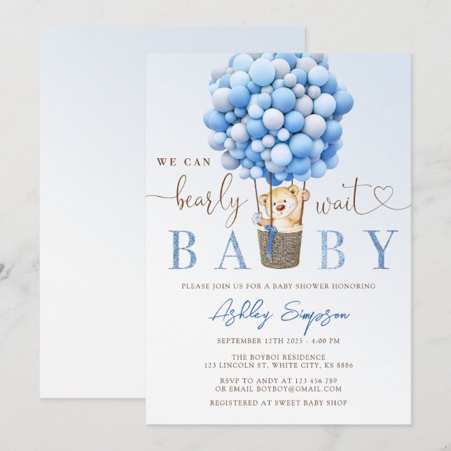 Invitación a Baby Shower de Teddy Bear Blue Balloo (Anverso / Reverso)