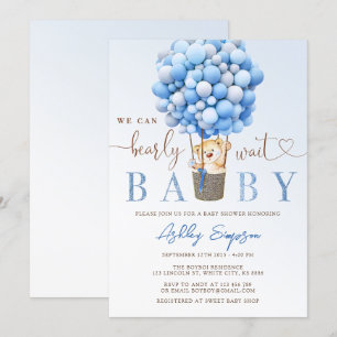 Invitación a Baby Shower de Teddy Bear Blue Balloo