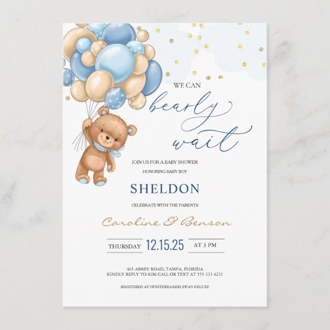 Invitación a Baby Shower de Teddy Bear Blue Balloo (Anverso)
