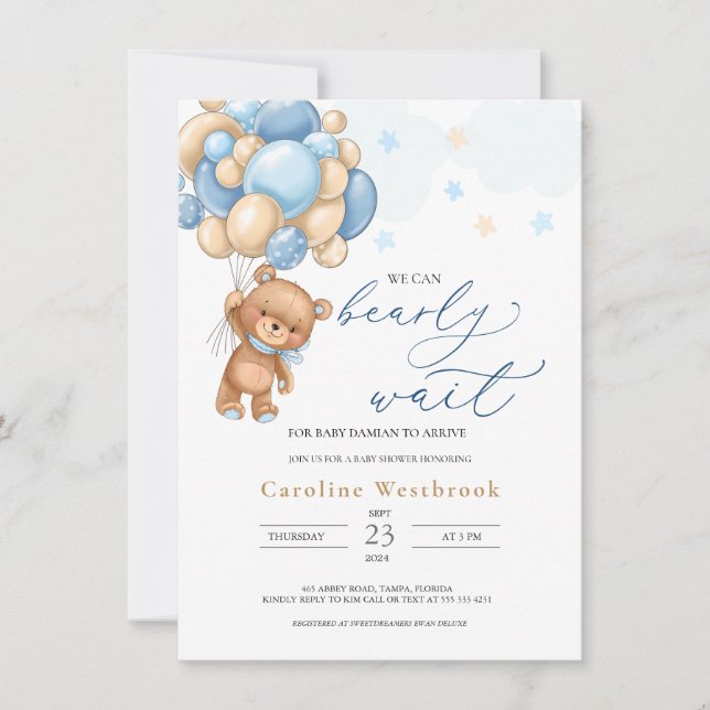 Invitación a Baby Shower de Teddy Bear Blue Balloo (Anverso)