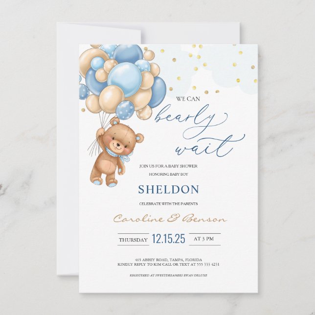 Invitación a Baby Shower de Teddy Bear Blue Balloo (Anverso)