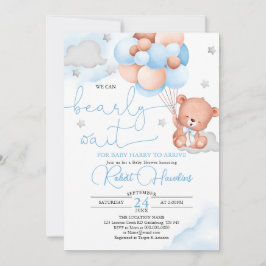 Invitación a Baby Shower de Teddy Bear Blue Balloo