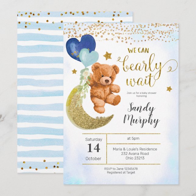 Invitación a Baby Shower de Teddy Bear Blue Balloo (Anverso / Reverso)