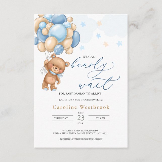 Invitación a Baby Shower de Teddy Bear Blue Balloo (Anverso)