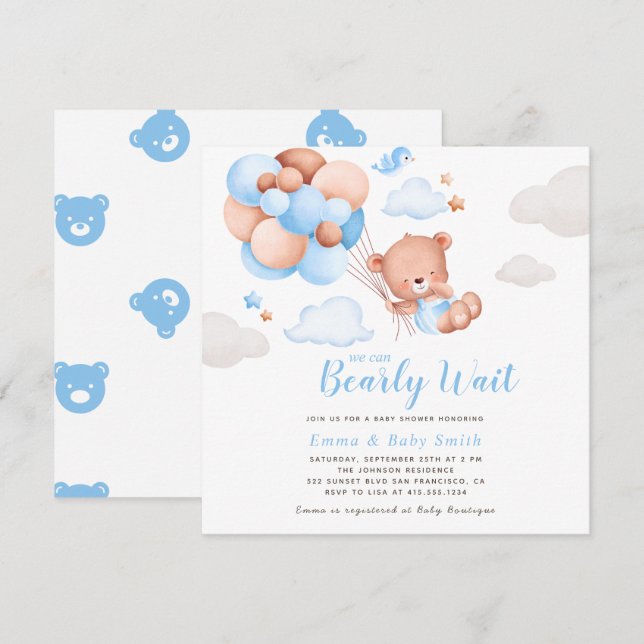 Invitación a Baby Shower de Teddy Bear Boy (Anverso / Reverso)