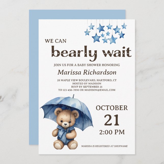 Invitación a Baby Shower de Teddy Bear Boy (Anverso / Reverso)