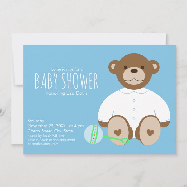 Invitación a Baby Shower de Teddy Bear, fondo azul (Anverso)