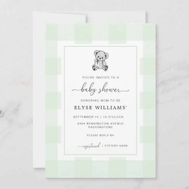 Invitación a Baby Shower de Teddy Bear Green Gingh (Anverso)