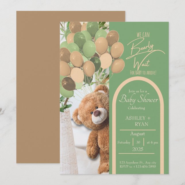 Invitación a Baby Shower de Teddy Bear Green y Bro (Anverso / Reverso)