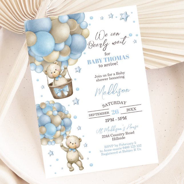 Invitación a Baby Shower de Teddy Bear Hot Air Bal (Teddy Bear Hot Air Balloon Baby Shower Invitation Boy)