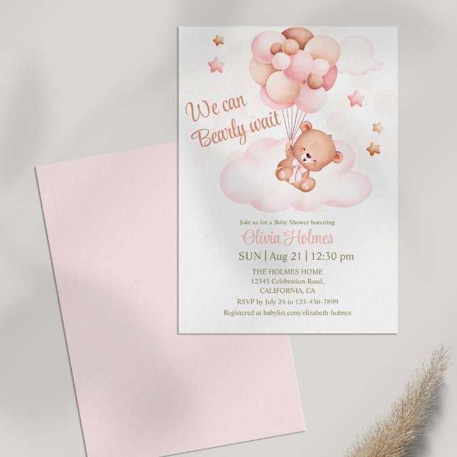 Invitación a Baby Shower de Teddy Bear & Pink Ball (Teddy Bear with Pink Balloons Shower Invitation on table )