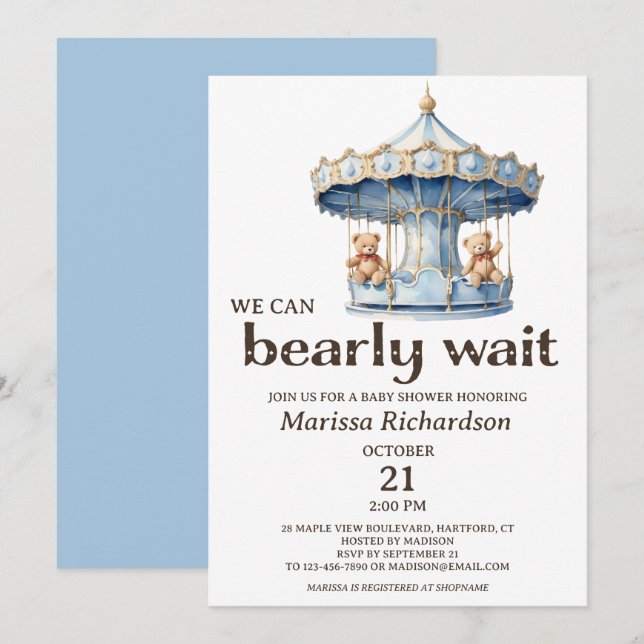 Invitación a Baby Shower de Teddy Bear Twin Boys (Anverso / Reverso)