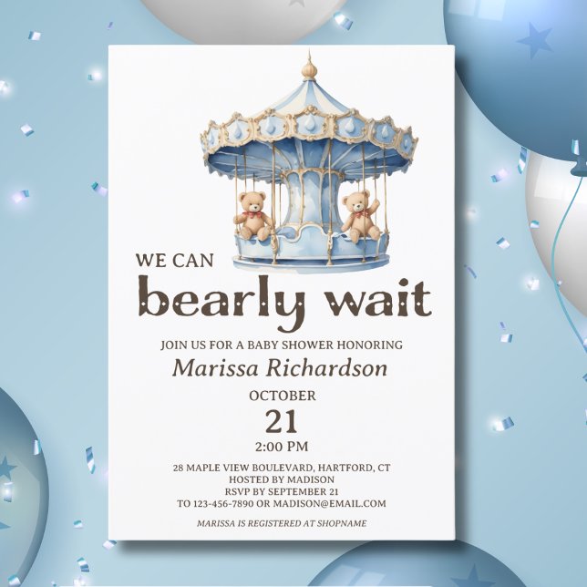 Invitación a Baby Shower de Teddy Bear Twin Boys (blue teddy bear we can bearly wait twin boys baby shower invitation, custom baby shower invites)