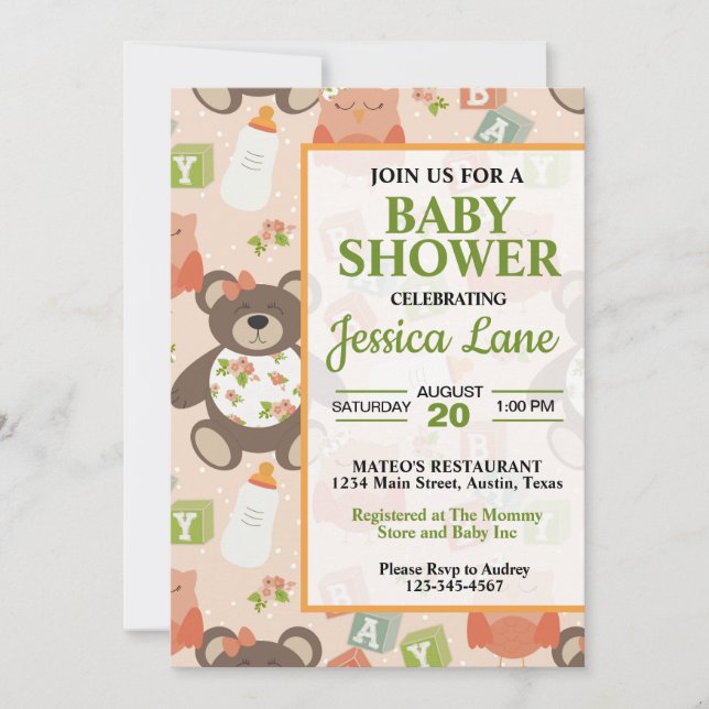 Invitación a Baby Shower de Teddy Chica lindo Tedd (Anverso)