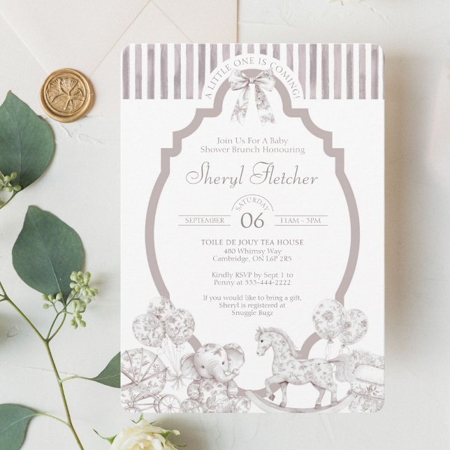 Invitación a Baby Shower de Tema Neutral (Timeless toile de jouy baby shower invite with elegant vintage charm.







)