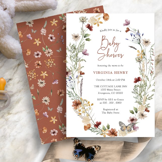 Invitación a Baby Shower de Terracotta Boho Wildfl (Terracotta Boho Wildflower Baby Shower Invitation with Butterfly by Painted Paperie
)