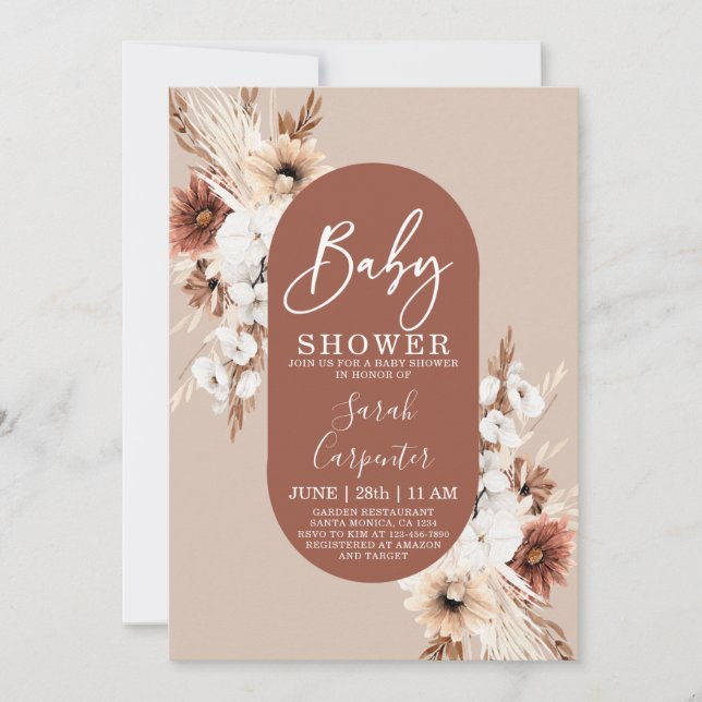 Invitación a Baby Shower de Terracotta Pampas (Anverso)