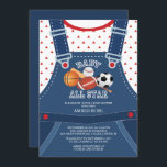 Invitación a Baby Shower de TODO EL STAR SPORT<br><div class="desc">Todas las invitaciones Baby Shower de Star incluyen el par más lindo de overoles para bebés con béisbol,  fútbol,  baloncesto,  fútbol y bate de béisbol. Una ducha de bebé única para niños invitan a un deporte de béisbol niños con tema de ducha de bebé.</div>