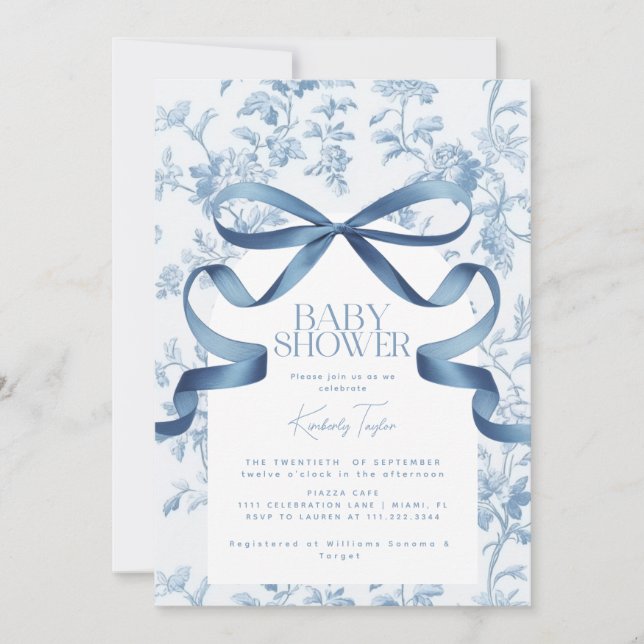 Invitación a Baby Shower de Toile De Jouy Blue Bow (Anverso)