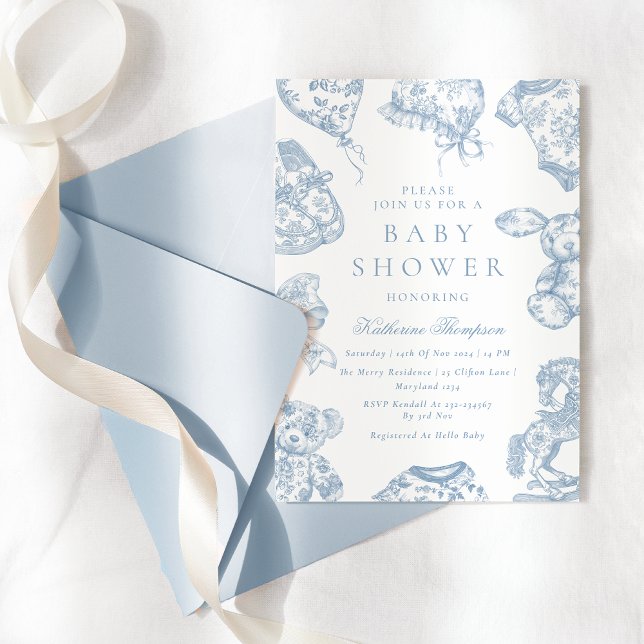 Invitación a Baby Shower de Toile de Jouy Blue Boy (Subido por el creador)