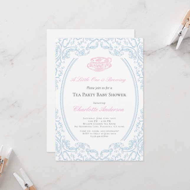 Invitación a Baby Shower de Toile de Jouy Tea Fies (Anverso/Reverso In Situ)