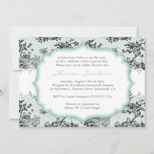 Invitación a Baby Shower de TOILE de moda - Azul (Anverso)