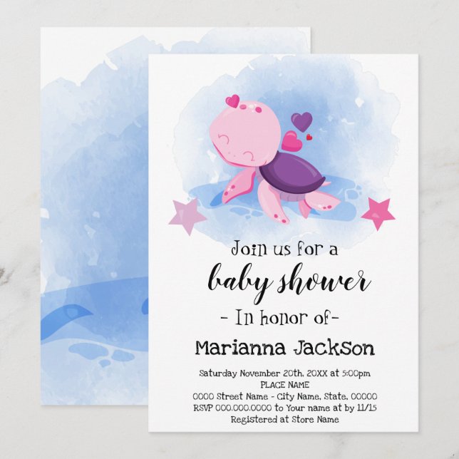 Invitación a Baby Shower de tortuga (Anverso / Reverso)