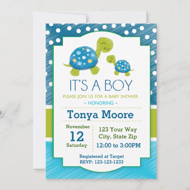 Invitación a Baby Shower de tortuga azul (Anverso)