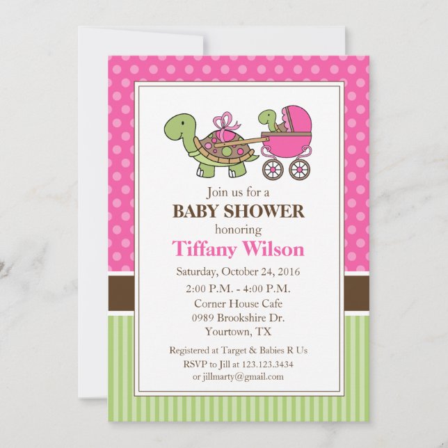 Invitación a baby shower de tortuga bebé rosa (Anverso)