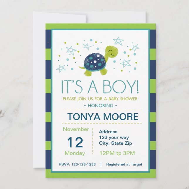 Invitación a Baby Shower de tortuga de franja azul (Anverso)