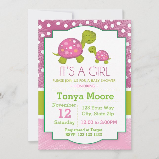 Invitación a Baby Shower de tortuga rosa (Anverso)