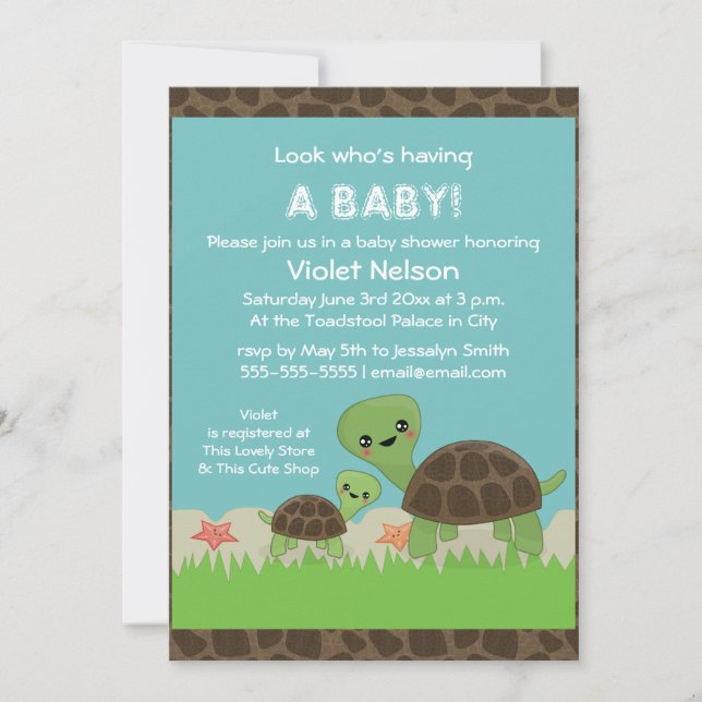 Invitación a Baby Shower de tortugas cutas (Anverso)