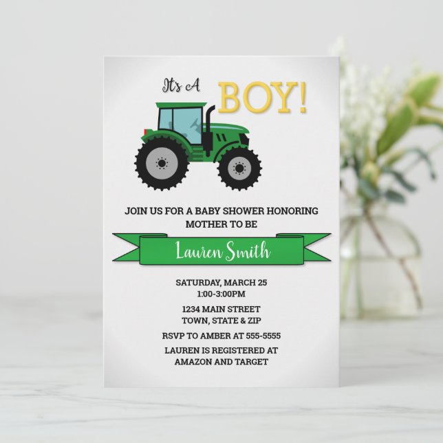 Invitación a Baby Shower de Tractor, Tractor Boy (Anverso de pie)