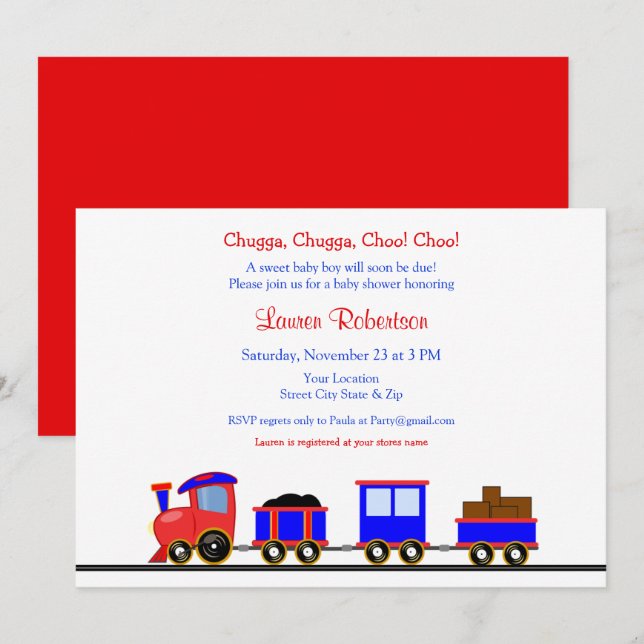 Invitación a Baby Shower de Tren Rojo y Azul (Anverso / Reverso)