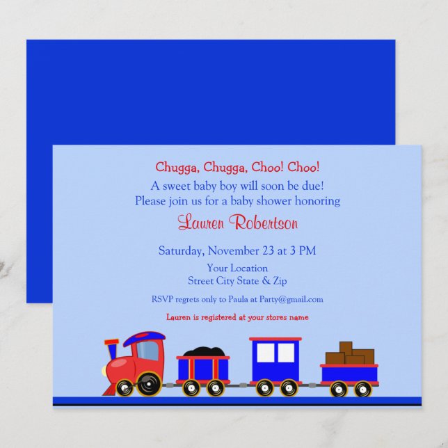 Invitación a Baby Shower de Tren Rojo y Azul (Anverso / Reverso)