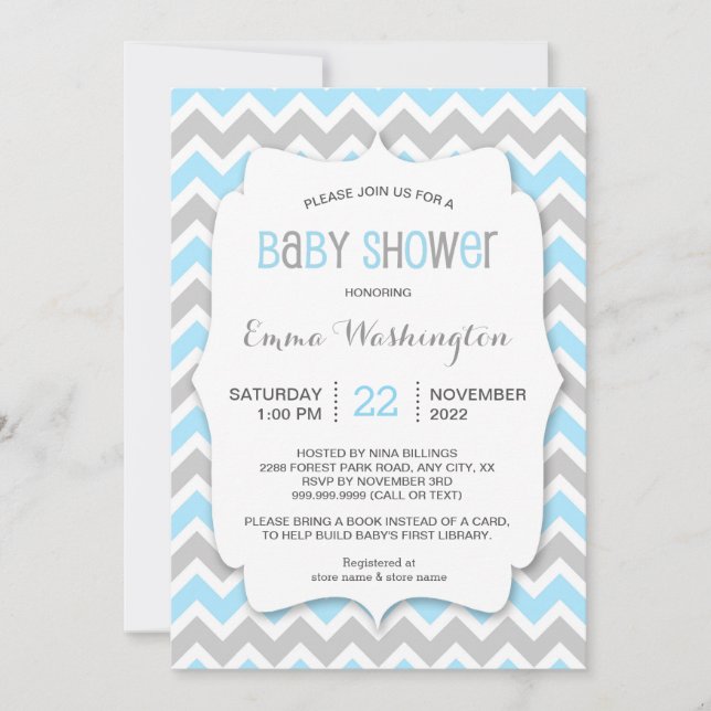 Invitación a Baby Shower de Trendy Blue Gray BOY (Anverso)