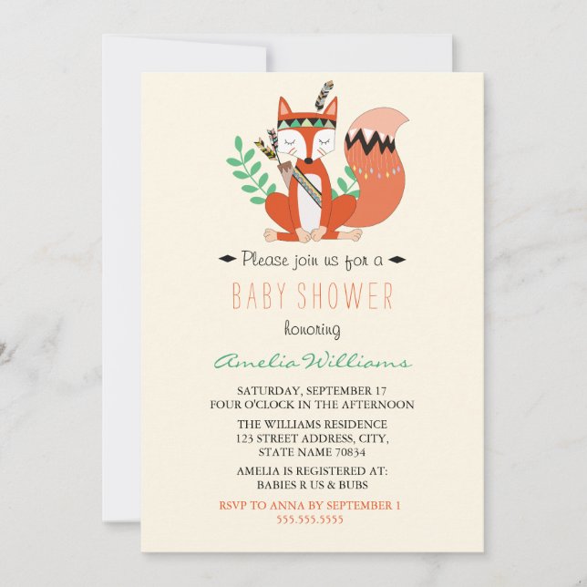 Invitación a Baby Shower de Tribal Woodland Fox (Anverso)